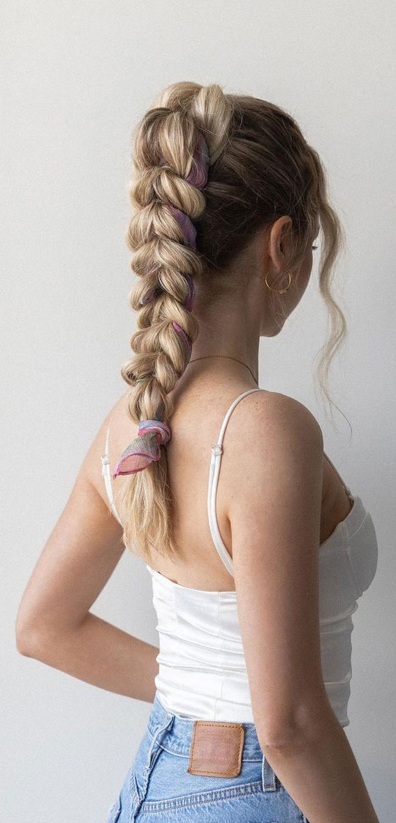 Ash Blonde Braid With Fabric Accents Ash Blonde Braid With Fabric Accents — Braided Ponytail 2027