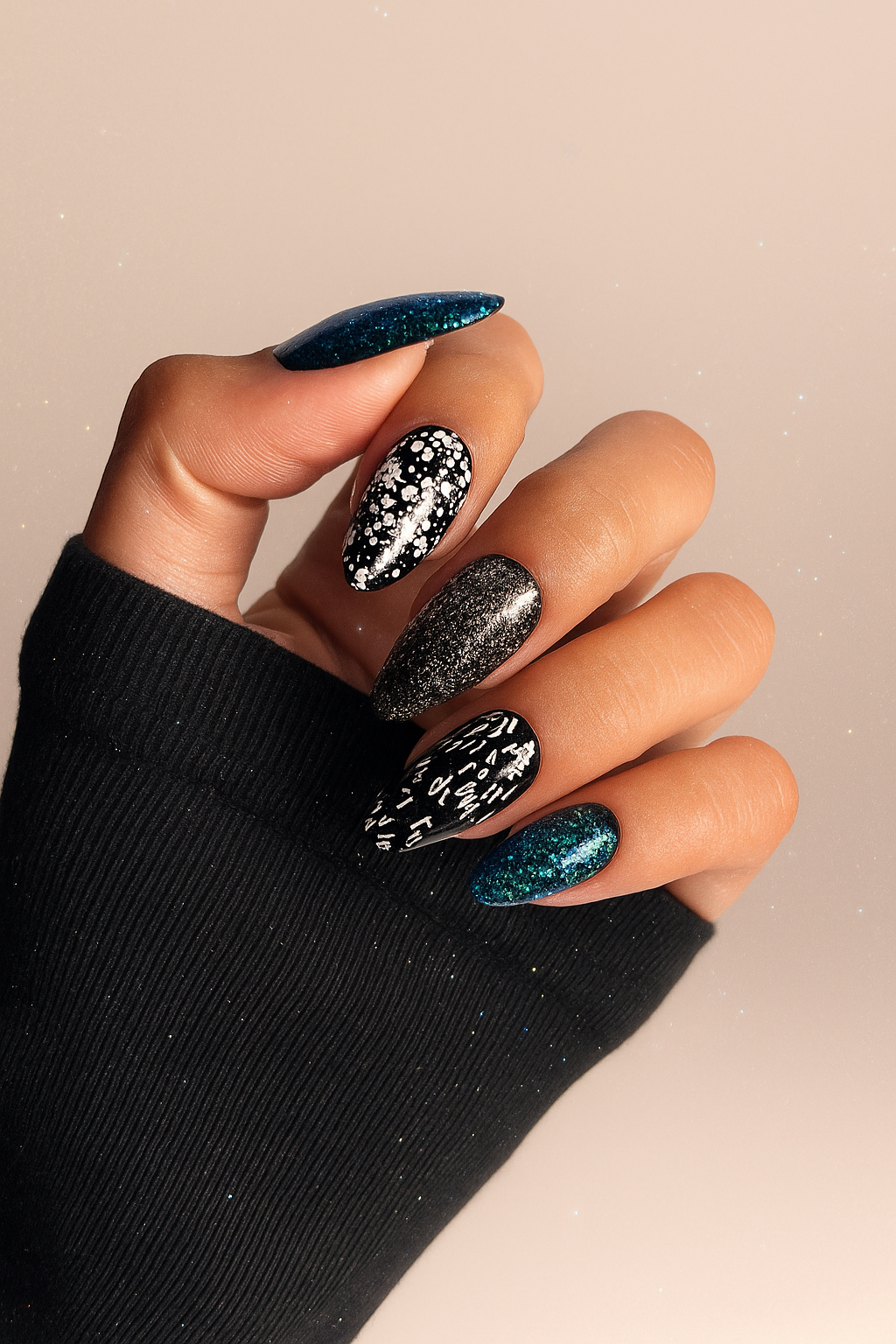 Deep Teal Glitter with Black Abstract Art Deep Teal Glitter with Black Abstract Art — Glitter Nails 2027