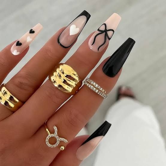 Glossy Long Coffin Black Bow Graphic White Hearts Glossy Long Coffin Black Bow Graphic White Hearts — Simple Bow Nails 2027