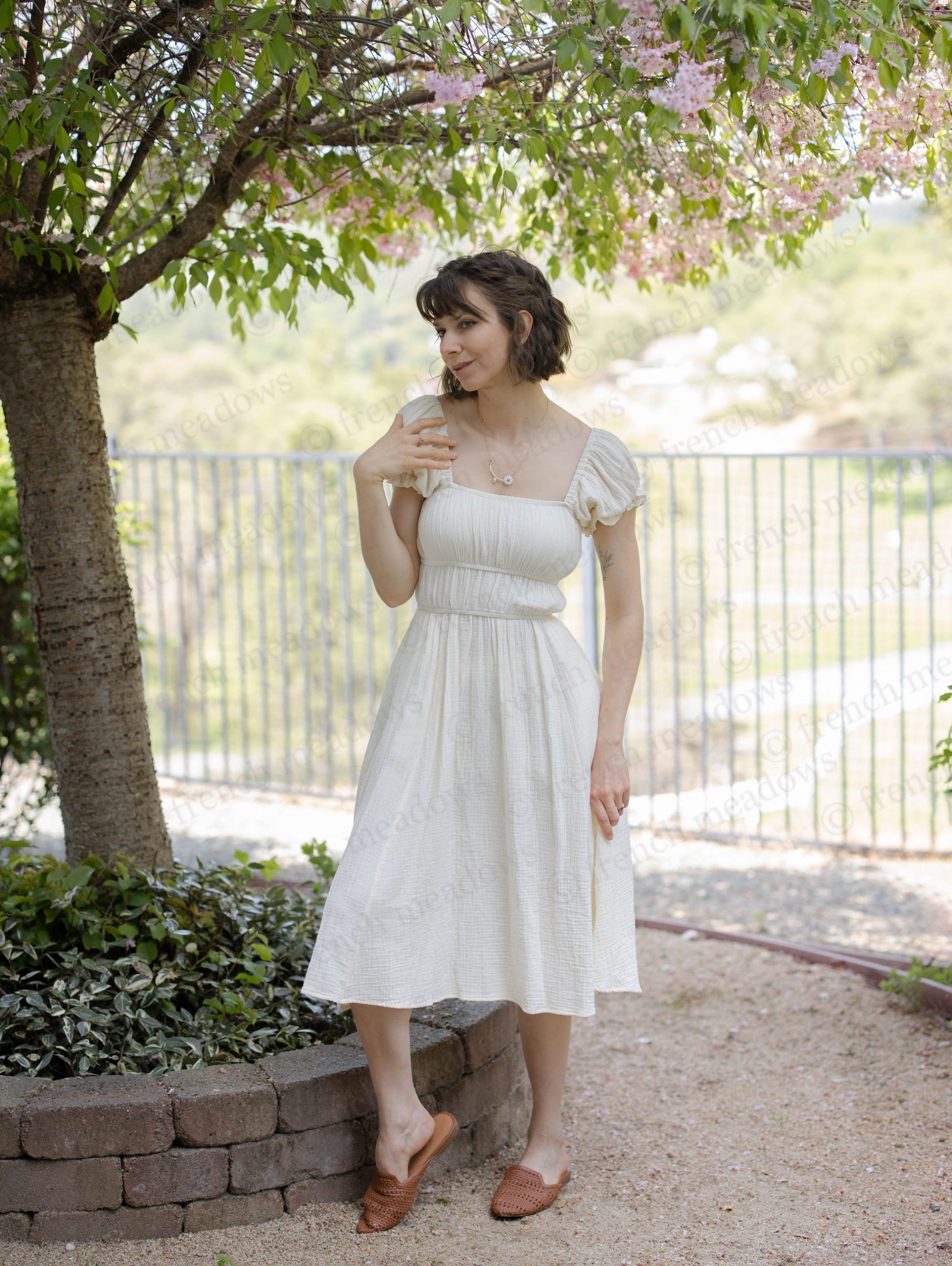 Casual Daytime Ivory Puff-Sleeve Milkmaid Midi Dress with Woven Sandals and Pearl Earrings Casual Daytime Ivory Puff-Sleeve Milkmaid Midi Dress with Woven Sandals and Pearl Earrings — Milkmaid Dresses 2027