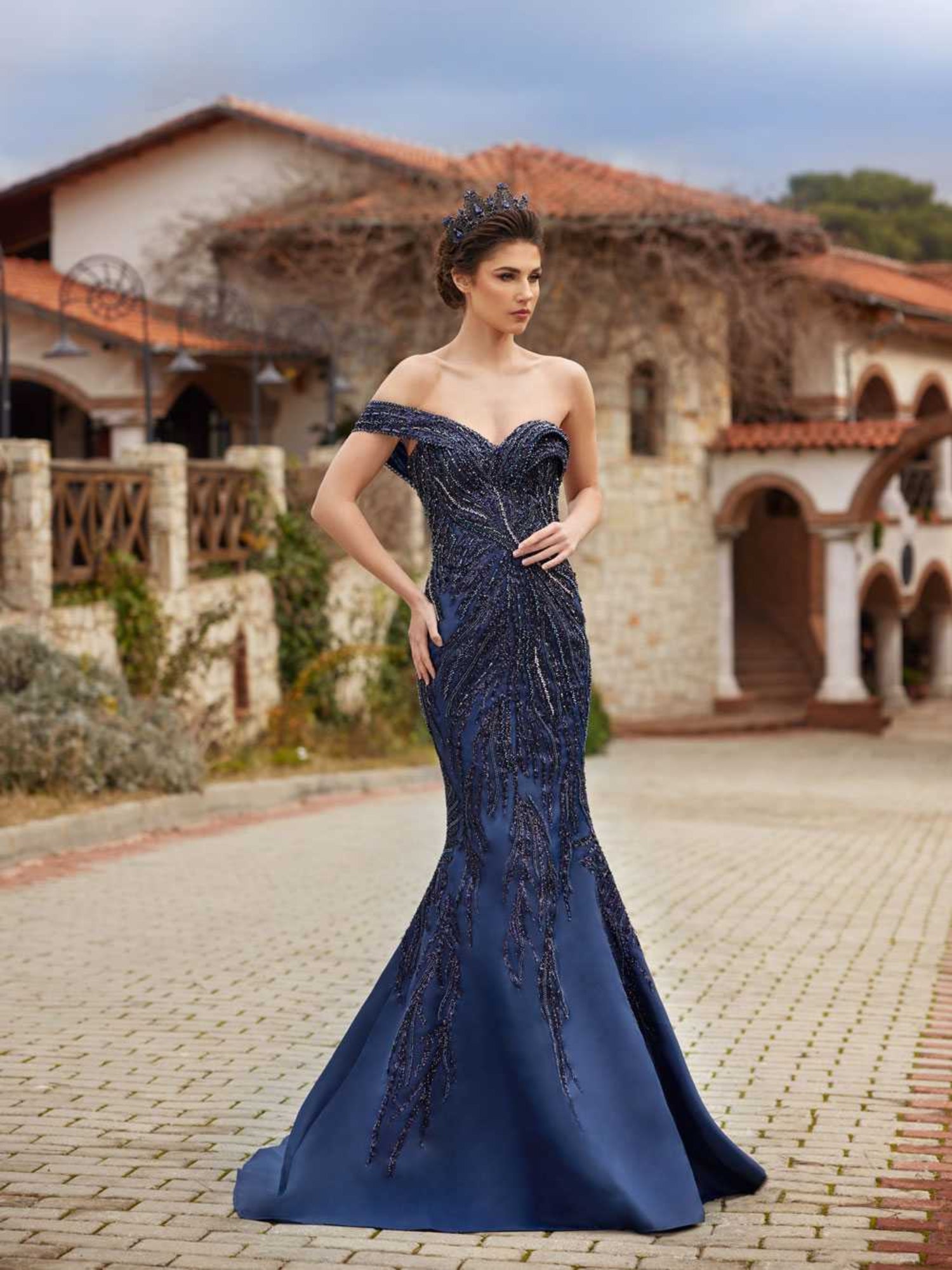 Navy Blue Off-Shoulder Mermaid Evening Dress with Overskirt Navy Blue Off-Shoulder Mermaid Evening Dress with Overskirt — Mermaid Dresses 2027