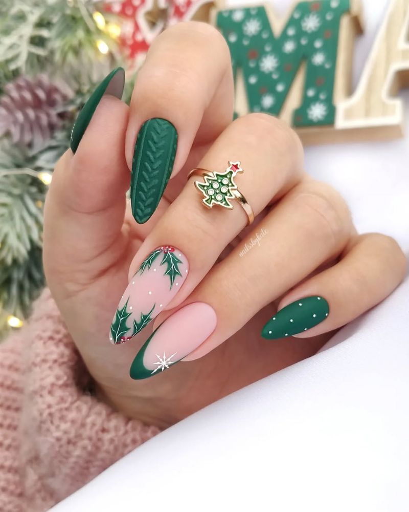 Matte Deep Green with Holly Accents — Long Christmas Nails 2026
