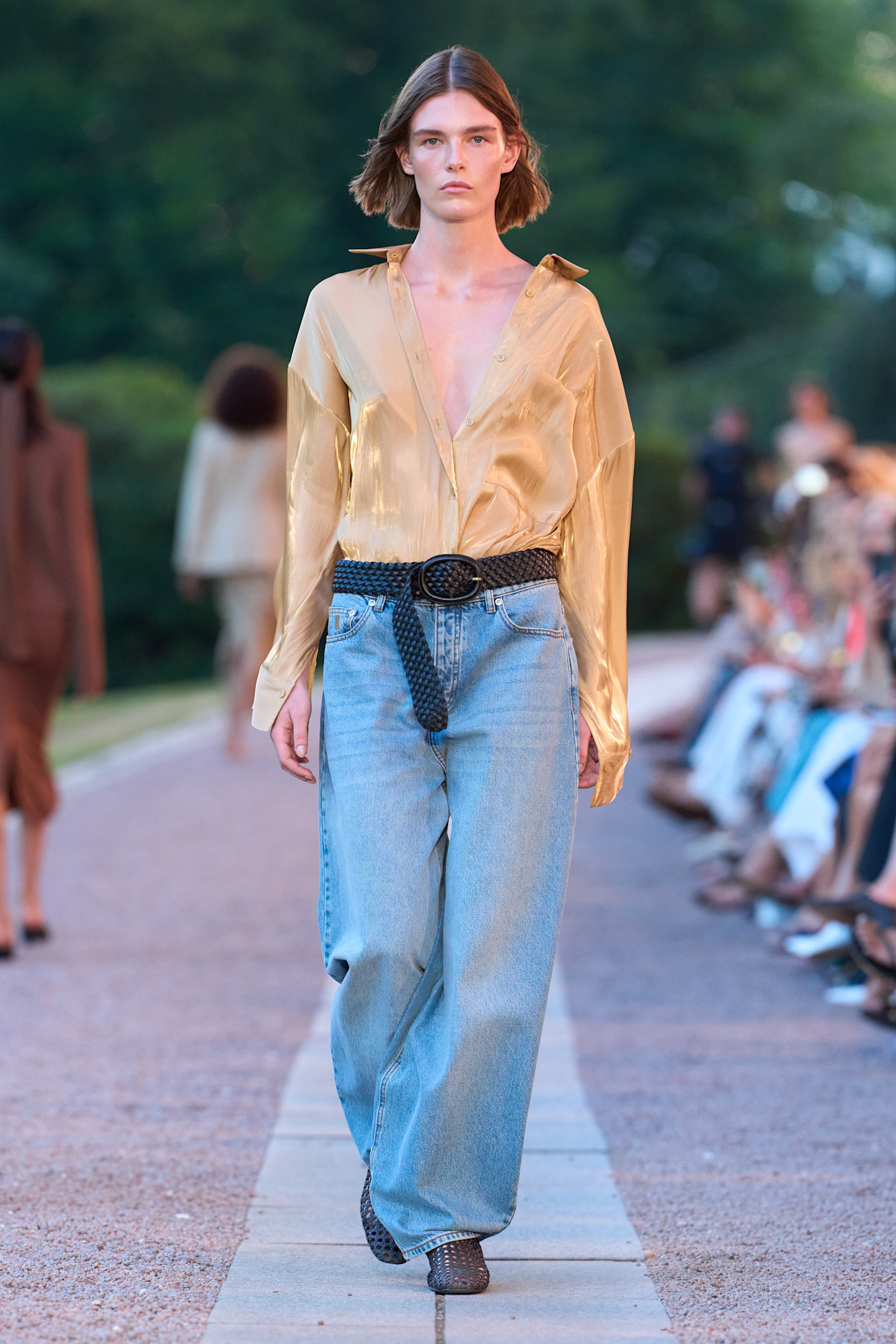 Sheer Gold Button-Down Shirt with Wide-Leg Jeans — Satin Top Outfits 2027