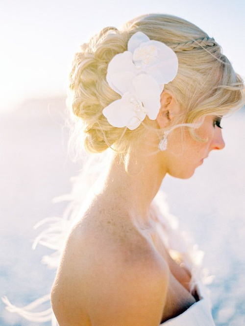 Ash Blonde Updo With Large Floral Accessory — Beach Wedding Hair 2027