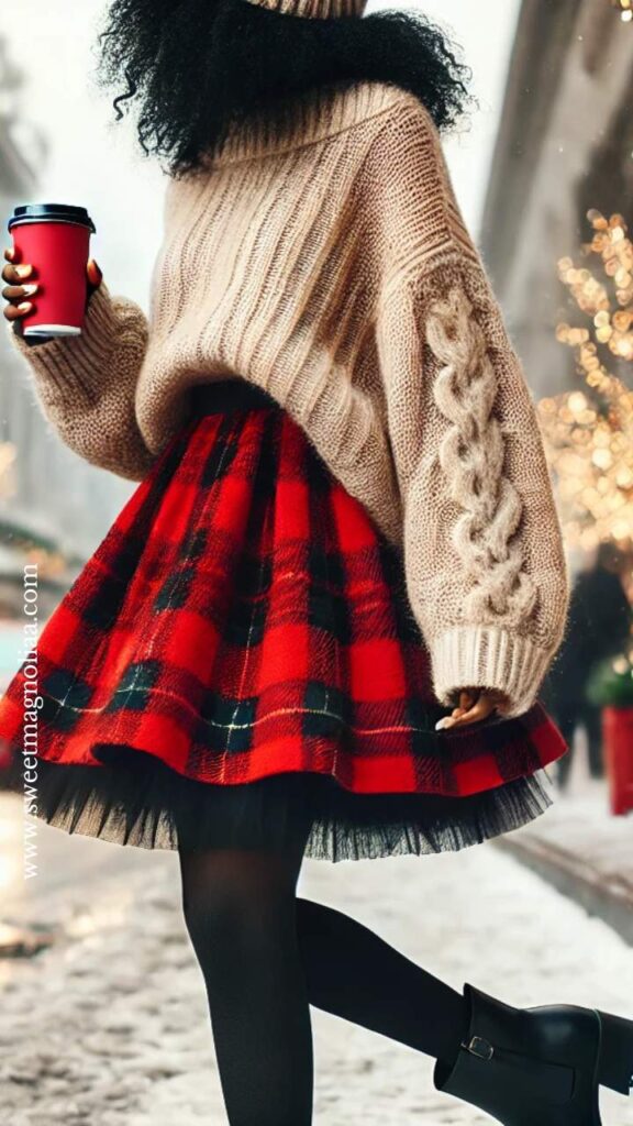 Cozy Cable-Knit Sweater with a Red Plaid Skirt — Plaid Christmas Outfits 2026