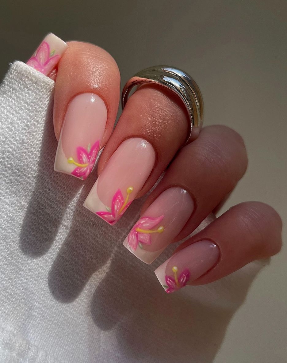 Pink Hibiscus French Tip Short Square Pink Hibiscus French Tip Short Square — Hibiscus Flower Nails 2027