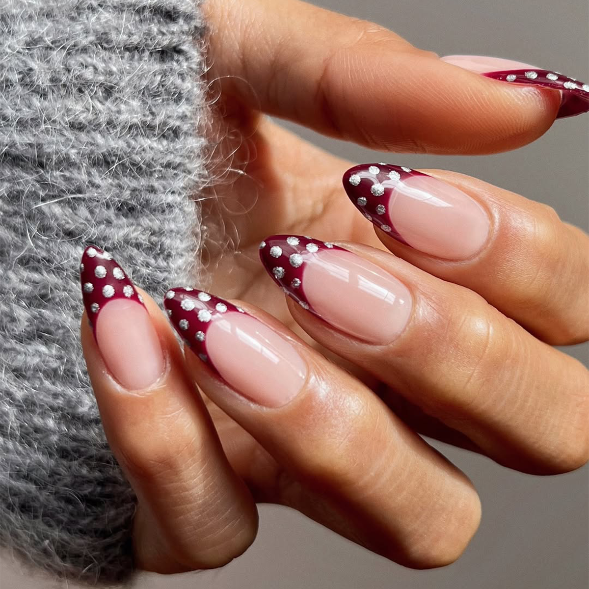 Burgundy French Tips with Silver Dots — Cozy Winter Nails 2027