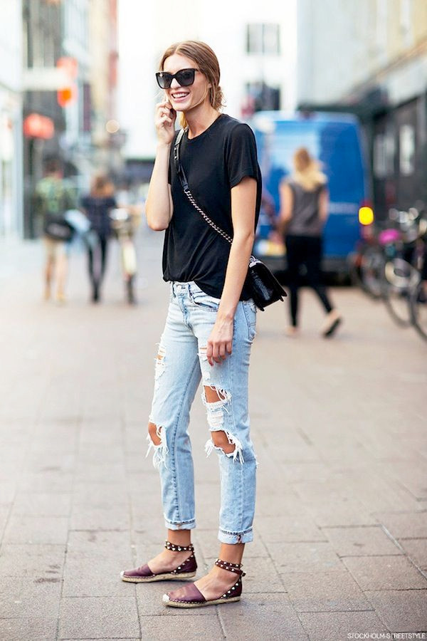 Burgundy Studded Espadrilles with Ripped Jeans and Black T-Shirt — Vacation Espadrilles Outfits 2027