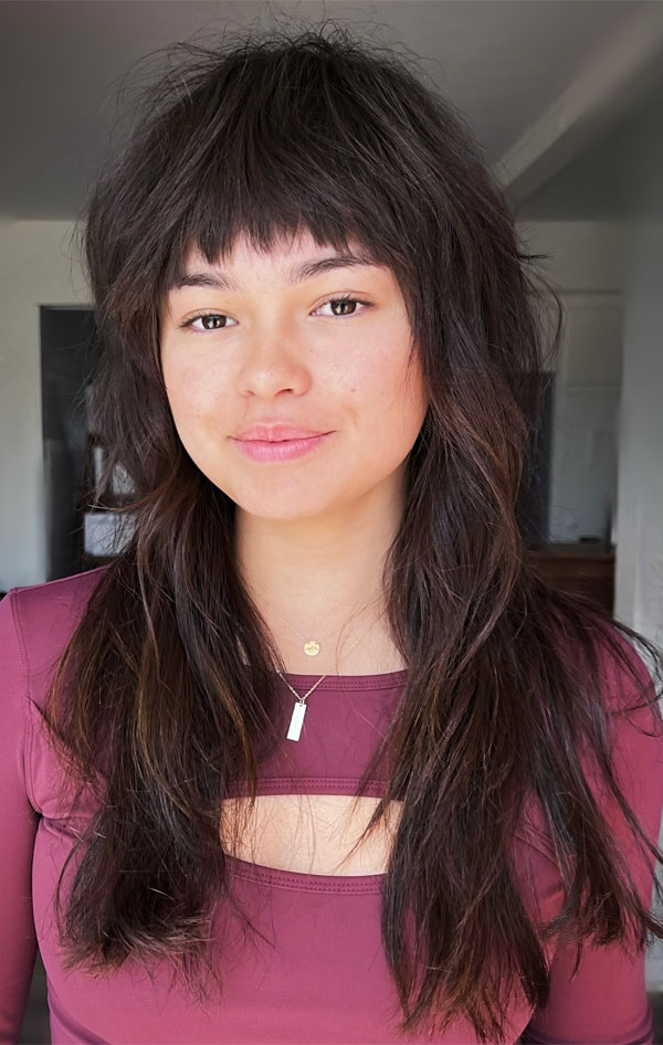 Dark Brown Shag With Choppy Bangs Dark Brown Shag With Choppy Bangs — Low Maintenance Bangs 2027