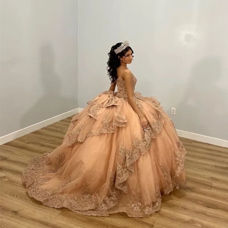 Peach-Champagne Ballgown with Ornate Gold Lace on Layered Skirt — Champagne Quinceanera Dress 2027