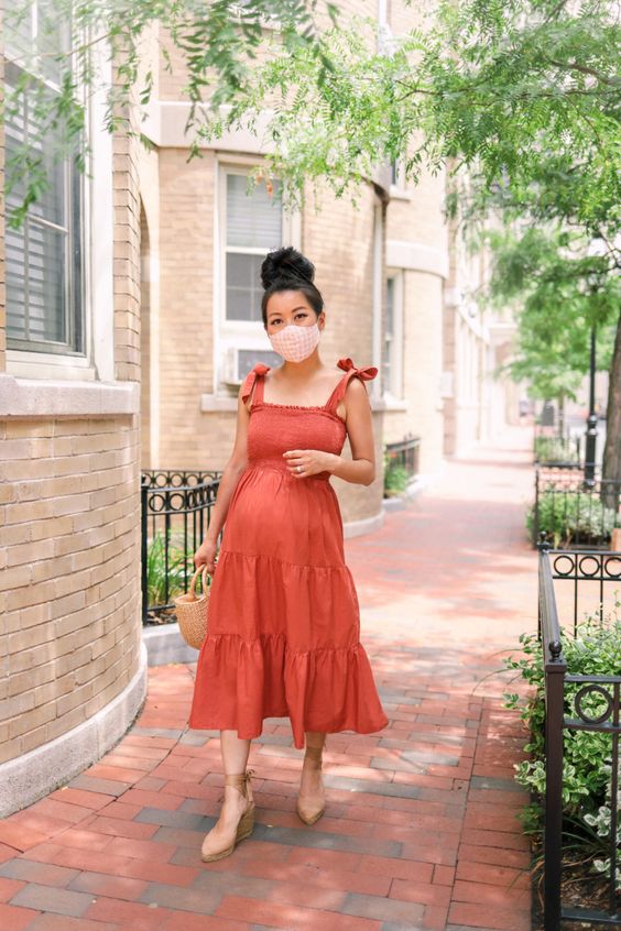 Burnt Orange Smocked Midi Dress with Tiered Skirt and Espadrilles Burnt Orange Smocked Midi Dress with Tiered Skirt and Espadrilles — Summer Baby Shower Outfits 2027