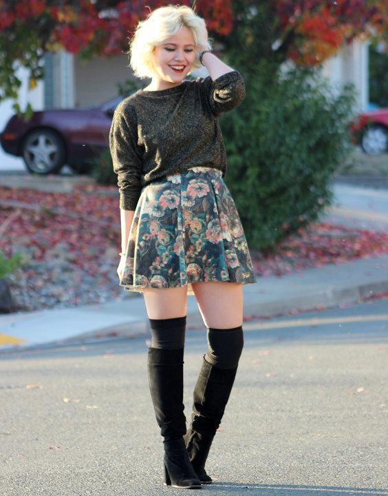 Autumnal Charm: Gold Flecked Top with Floral Skirt Autumnal Charm: Gold Flecked Top with Floral Skirt — Sweatshirt Outfits 2027