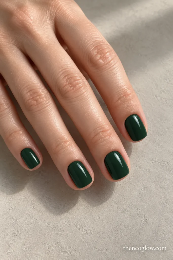 Opaque Forest Green Glossy Square — Short Christmas Nails 2026