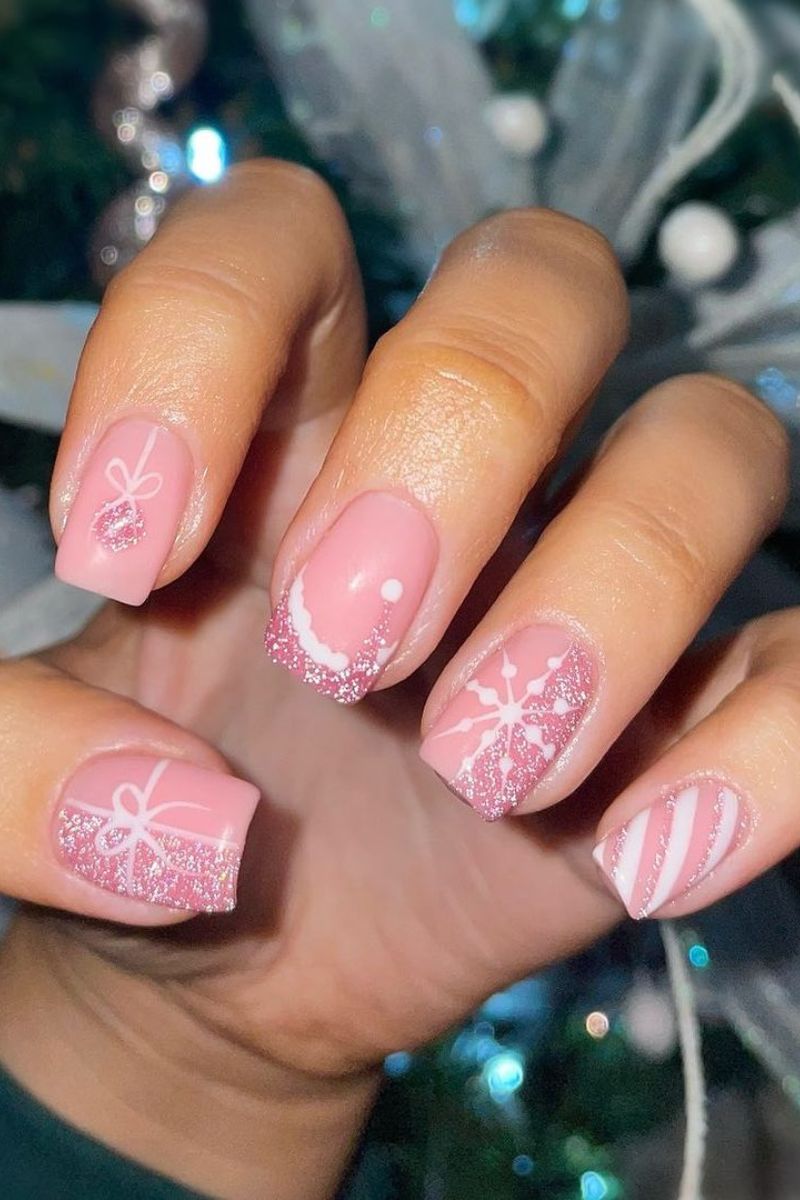 Cute Pink Nails with Bows and Glitter Tips Cute Pink Nails with Bows and Glitter Tips — Christmas Acrylic Nails 2026