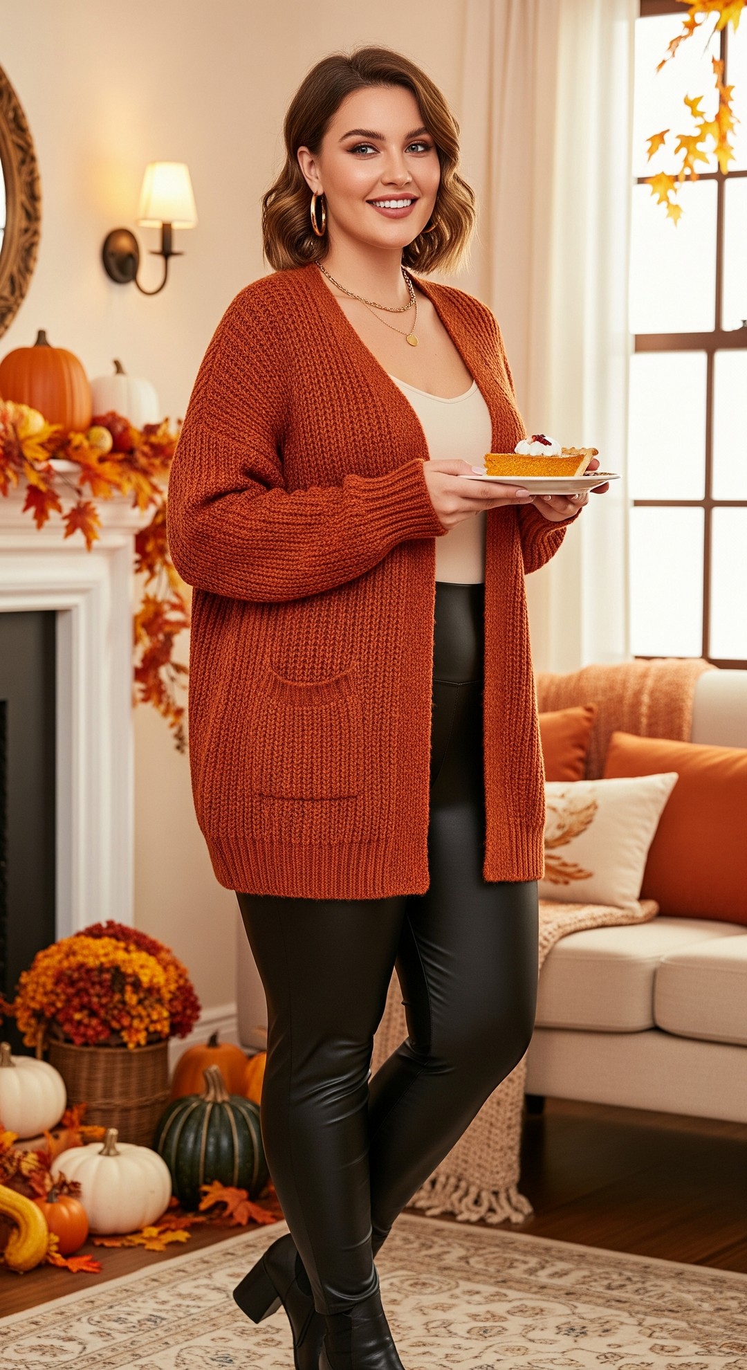Cozy Orange Knit Cardigan with Faux Leather Pants — Plus Size Thanksgiving Outfits 2026