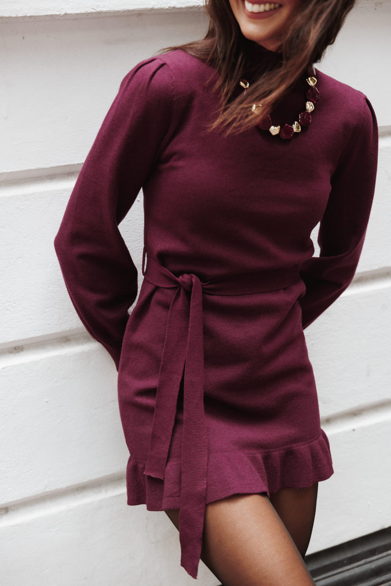 Burgundy Knit Mini Dress with Tie Belt and Ruffled Hem — Sweatshirt Dress 2027