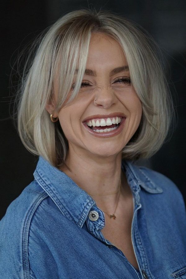 Platinum Blunt Bob With Soft Waves Platinum Blunt Bob With Soft Waves — Bob 2027 with Curtain Bangs