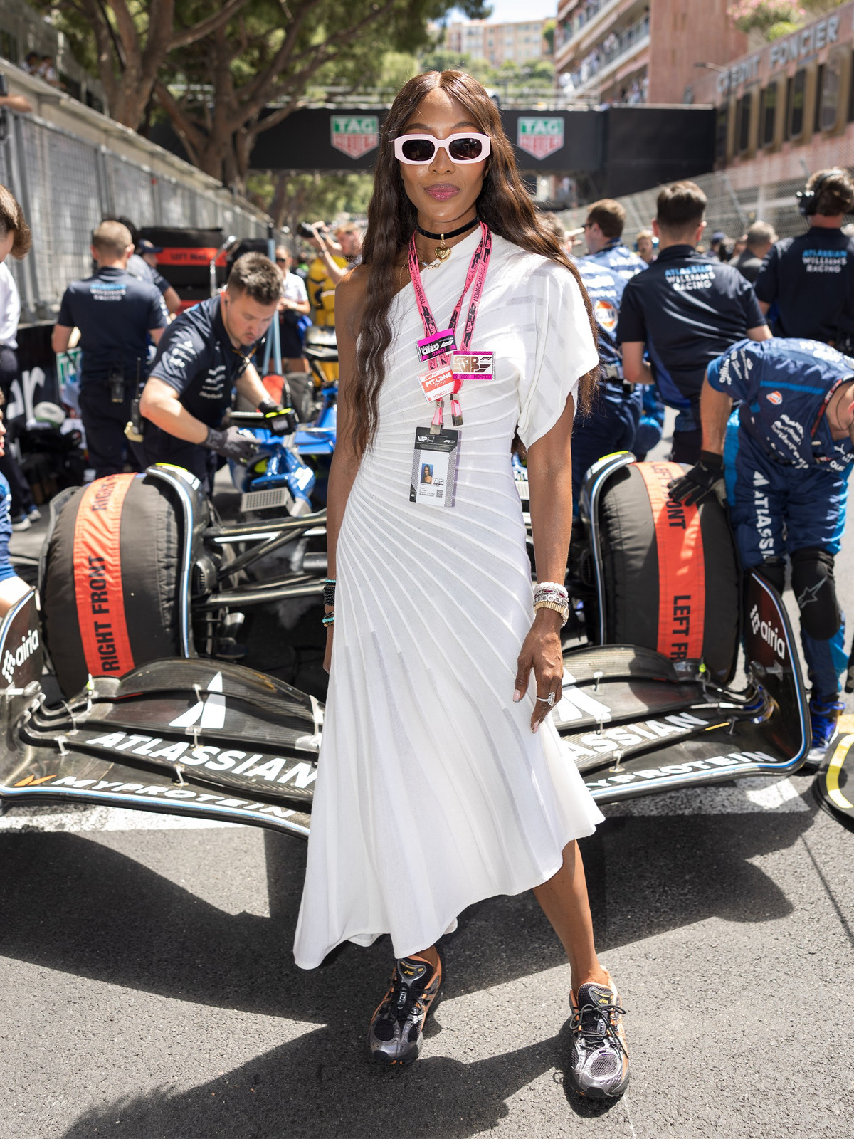 Asymmetrical Pleated Dress with Metallic Sneakers for High Fashion — F1 Race Outfits 2027