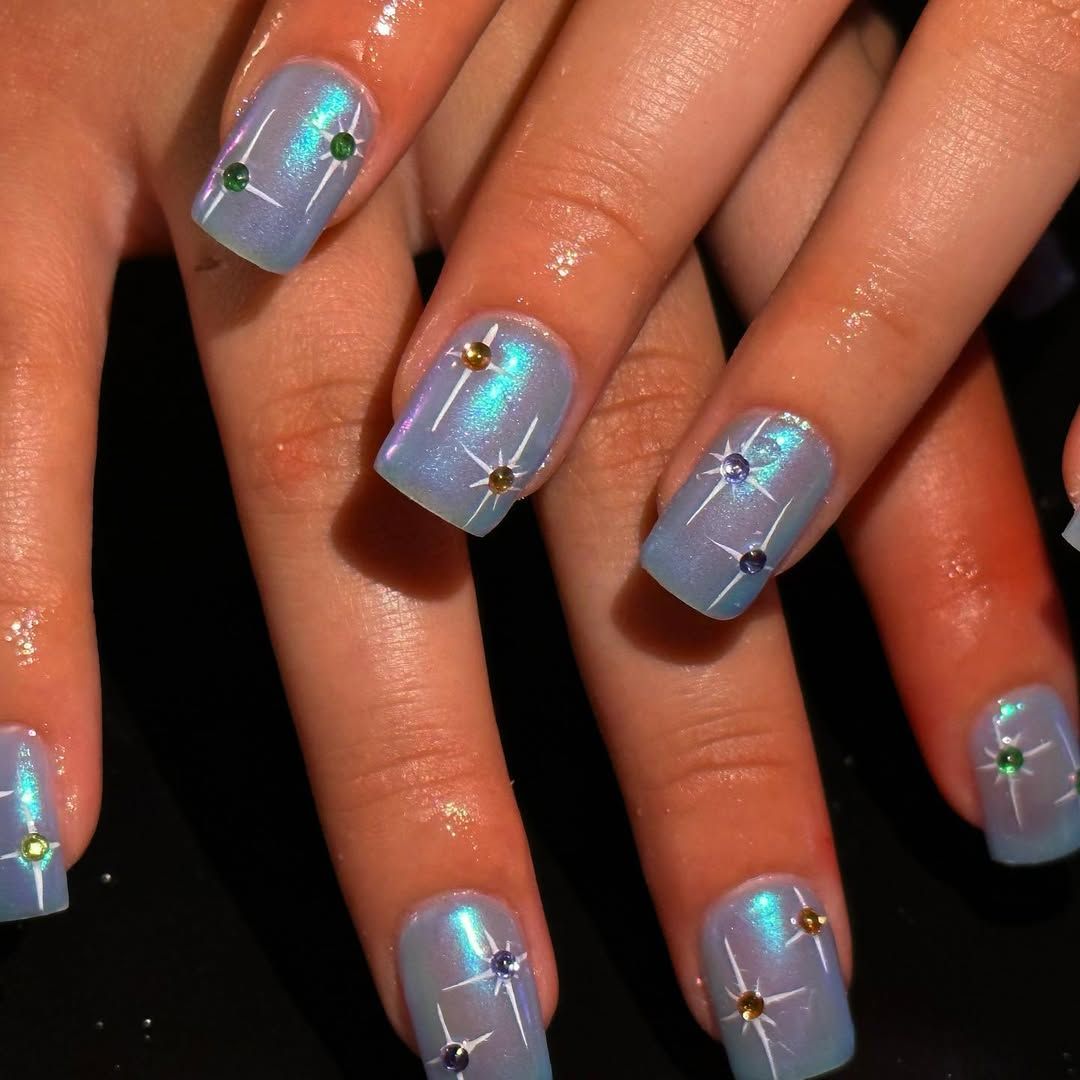 Short Square Iridescent Starburst Nails Short Square Iridescent Starburst Nails — Blue Christmas Nails 2026