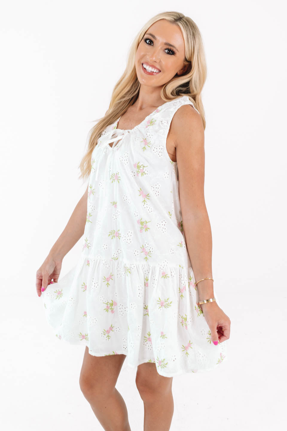 Sweet White Eyelet Mini Dress with Floral Embroidery — Bridal Shower Dresses 2027