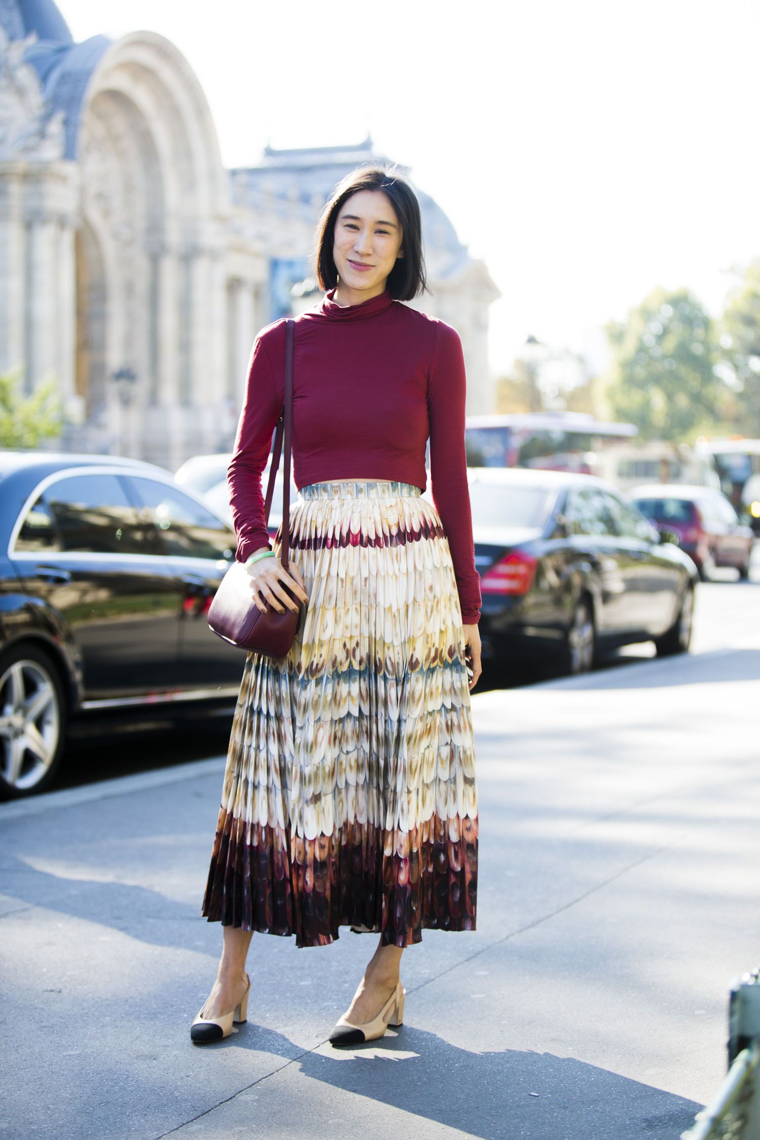 Feather Print Skirt and Burgundy Turtleneck for a Statement Look — First Day of Work Outfits 2027