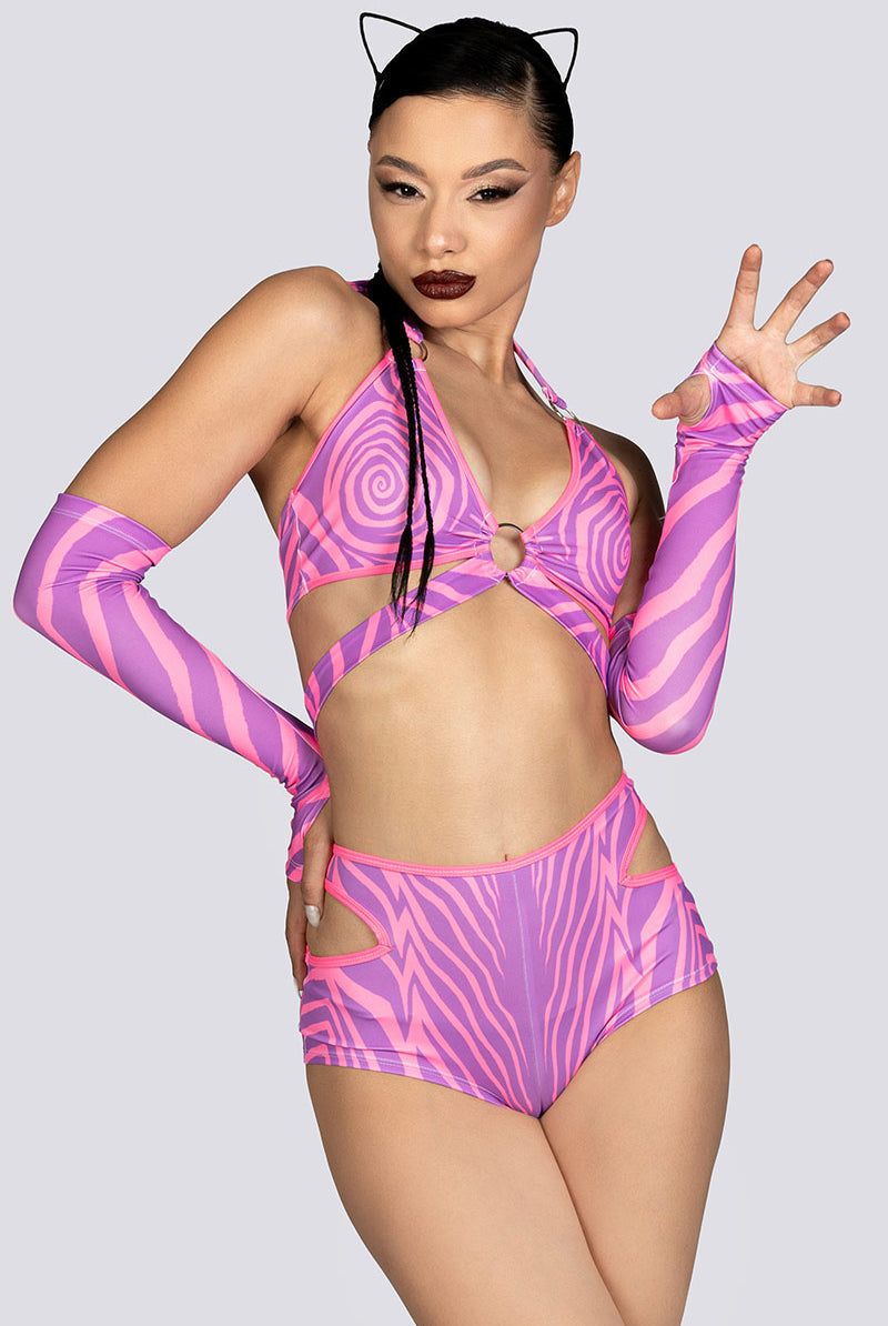 Pink and Purple Zebra Print Halter Top, Cut-Out Shorts, and Arm Sleeves Pink and Purple Zebra Print Halter Top, Cut-Out Shorts, and Arm Sleeves — Pink Rave Outfits 2027