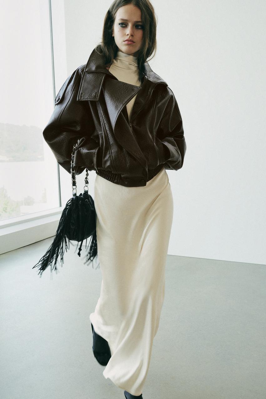 Evening Glamour: Faux Leather Jacket over Slip Dress Zara Outfits 2027