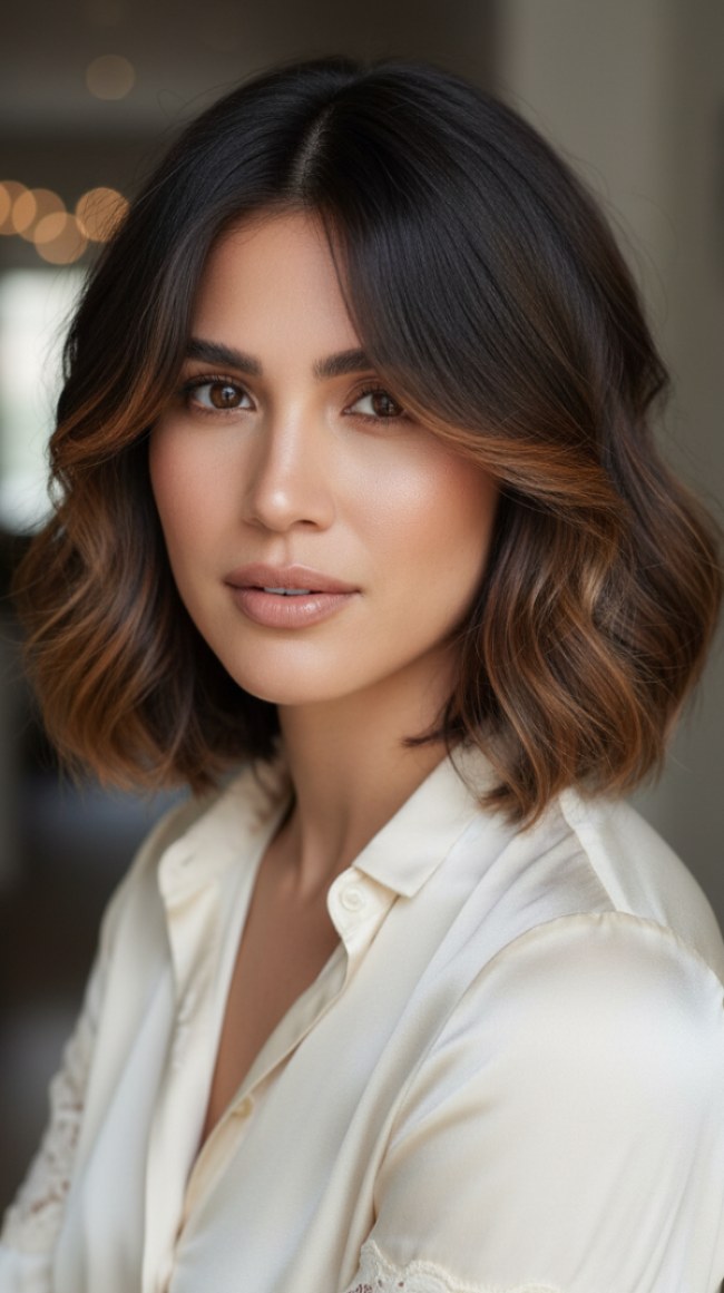 Dark Chocolate Bob With Copper Balayage — Balayage on Wavy Hair 2027