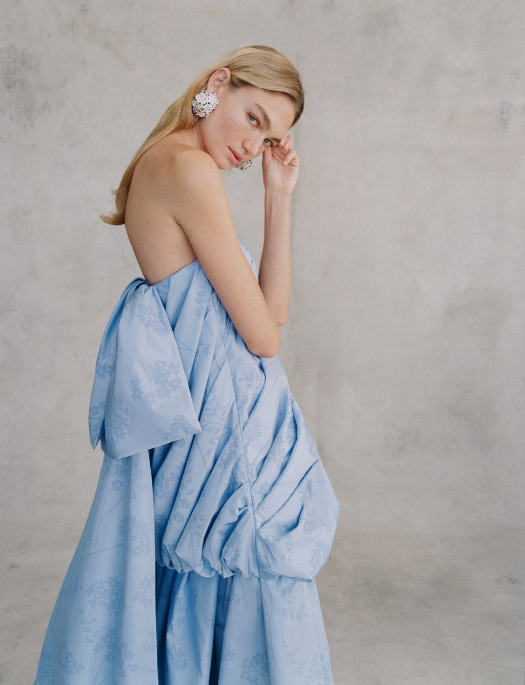 Light Blue Strapless Voluminous Dress with Brocade Fabric Light Blue Strapless Voluminous Dress with Brocade Fabric — Ruffle Dresses 2027