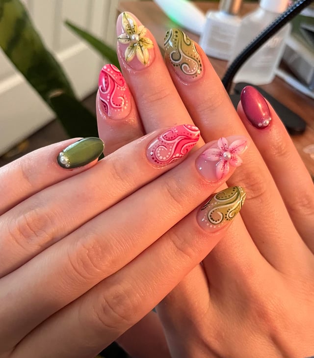 Mixed Designs With 3D Flowers And Pearls Mixed Designs With 3D Flowers And Pearls — Flower Nails 2027