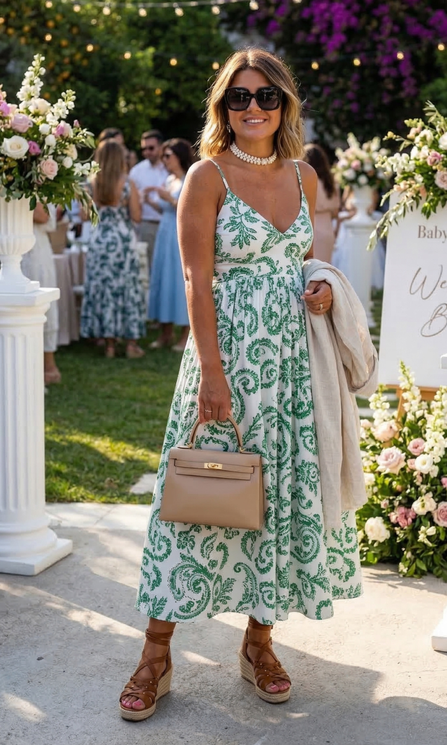 Vibrant Green and White Printed Midi Dress with Linen Jacket — Baby Shower Outfits 2027