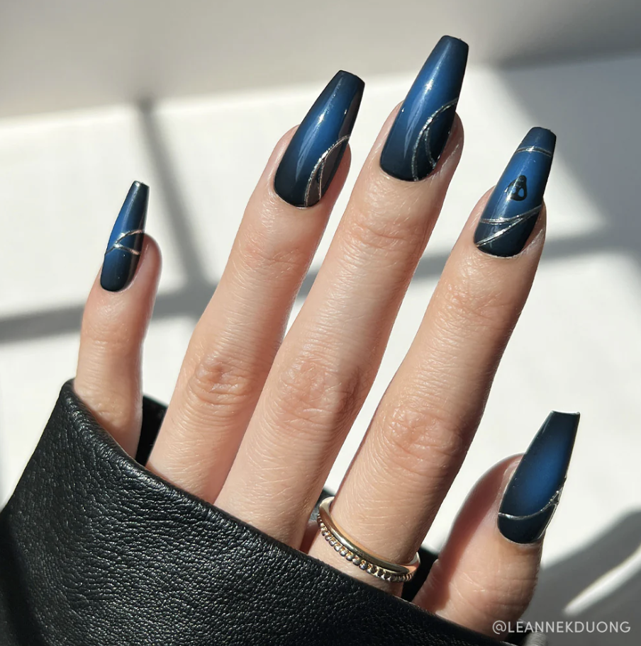 Navy Blue Gradient Silver Line Nails Navy Blue Gradient Silver Line Nails — Winter Coffin Nails 2027
