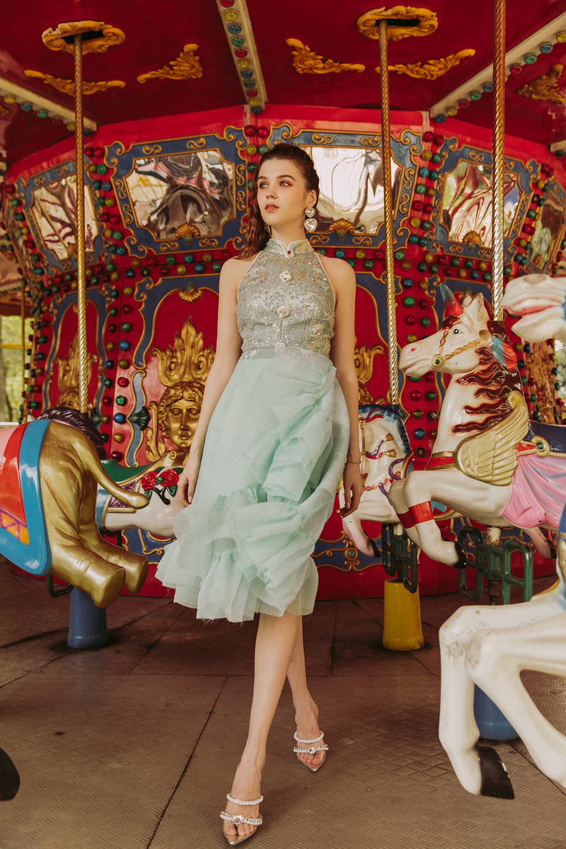 Silver Halter Top and Mint Green Ruffled Tulle Skirt Silver Halter Top and Mint Green Ruffled Tulle Skirt — Glamoratti Outfits 2027