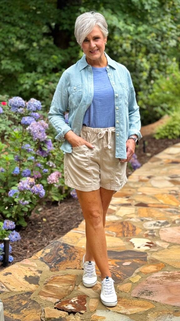 Beige Linen-Blend Shorts Styled with Striped Layering Beige Linen-Blend Shorts Styled with Striped Layering — Jean Shorts Outfits 2027