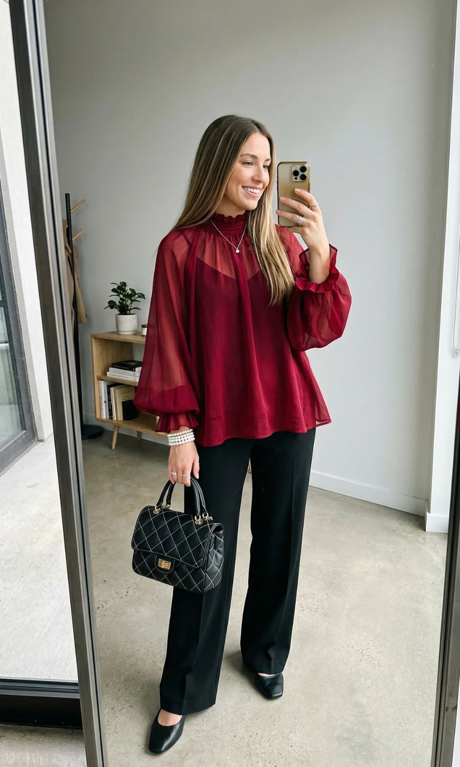 Burgundy Sheer Blouse with Balloon Sleeves: Moody Elegance Burgundy Sheer Blouse with Balloon Sleeves: Moody Elegance — Date Night Blouse Outfits 2027
