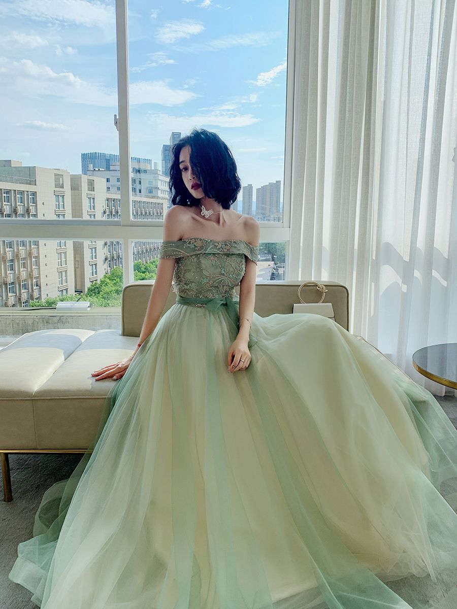 Light Green Tulle Off-the-Shoulder Gown with Beaded Bodice Light Green Tulle Off-the-Shoulder Gown with Beaded Bodice — Junior Prom Outfits 2027