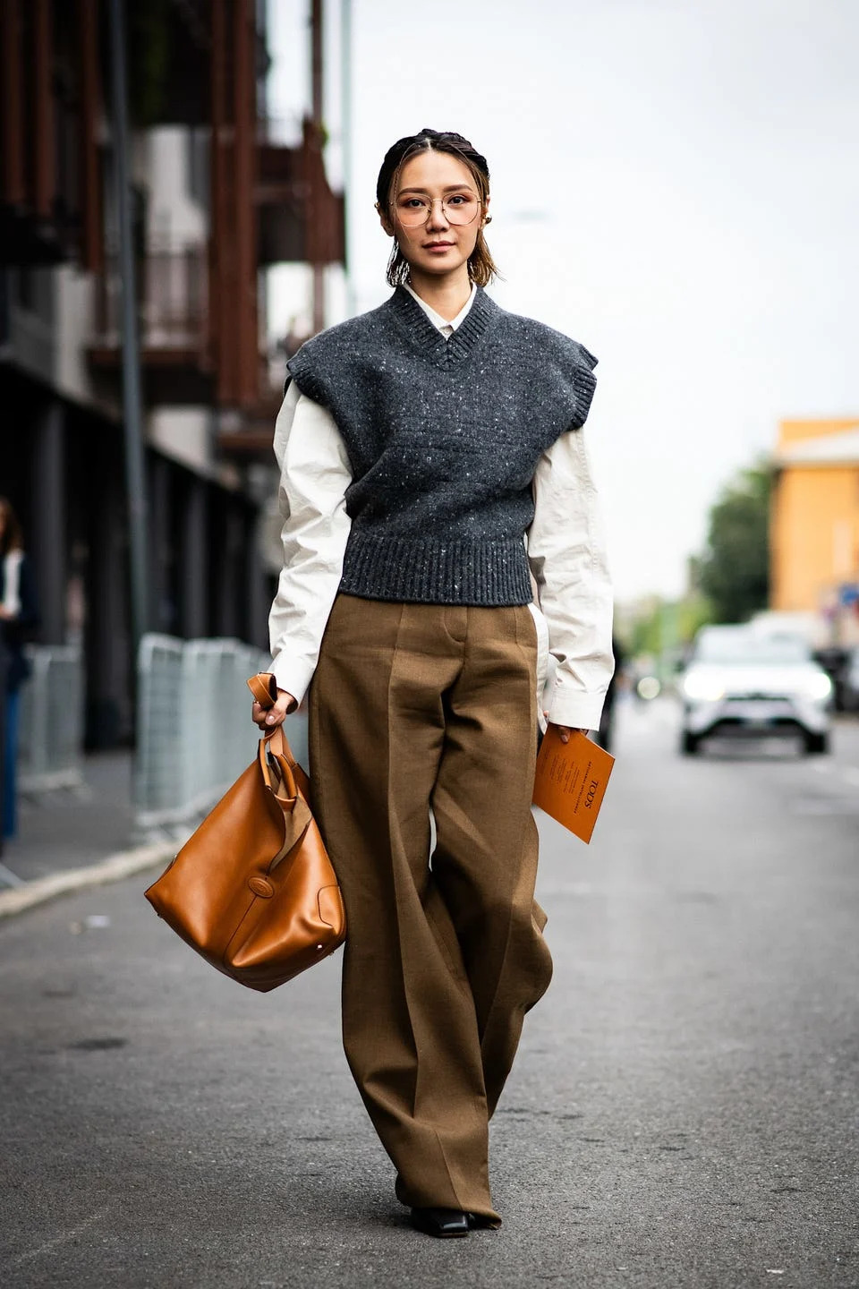 Grey Knitted Vest Over White Shirt with Brown Wide-Leg Trousers Grey Knitted Vest Over White Shirt with Brown Wide-Leg Trousers — Winter Grey Outfits 2027