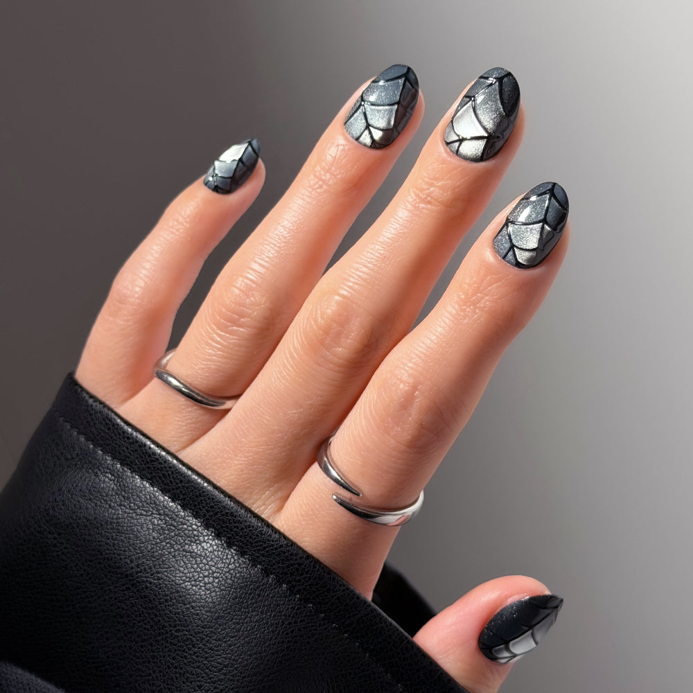 Geometric Black and Silver Stilettos Geometric Black and Silver Stilettos — Nails 2027 for Black Dress