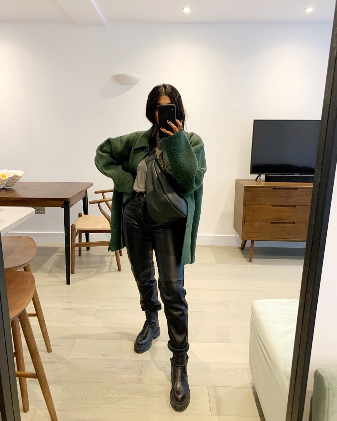 Green Wool Shacket with Leather Pants and Chunky Boots — Shacket Outfits 2027