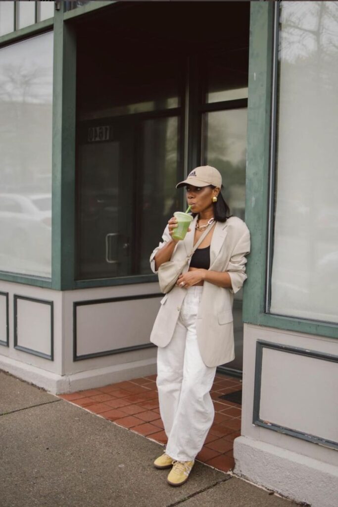 Sporty Chic: Yellow Adidas Samba with Oversized Blazer and Cap Sporty Chic: Yellow Adidas Samba with Oversized Blazer and Cap — Adidas Samba Outfits 2027