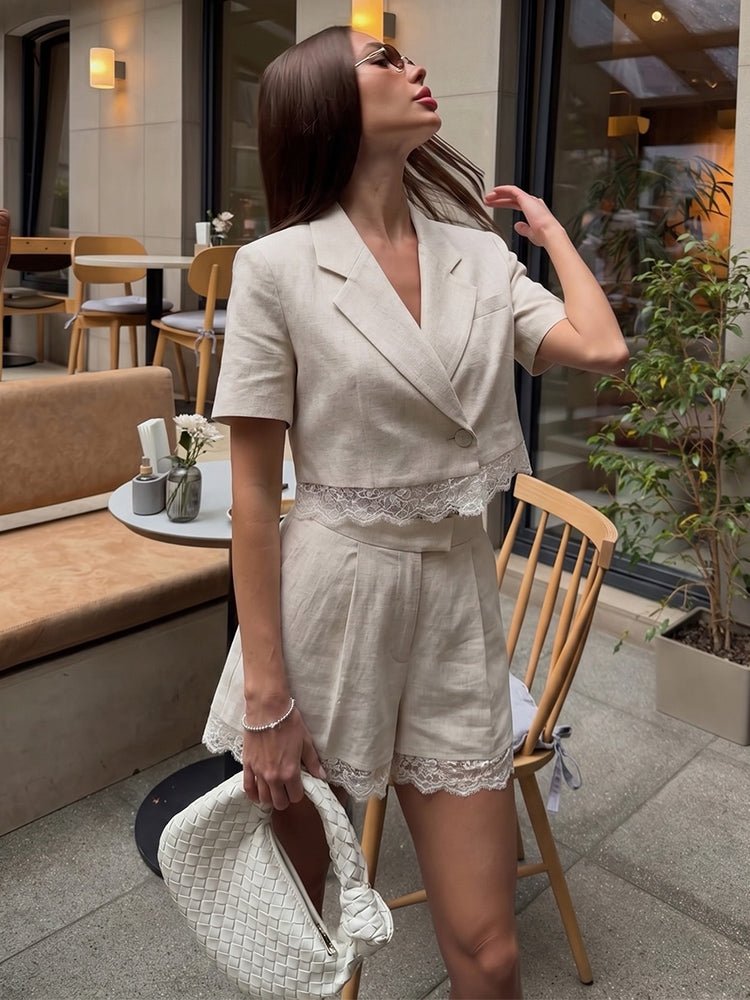 Celeste Lace Detail Two-Piece Short Set - matching sets for women - lace short set - two-piece summer outfit - cropped blazer short set – SOERA