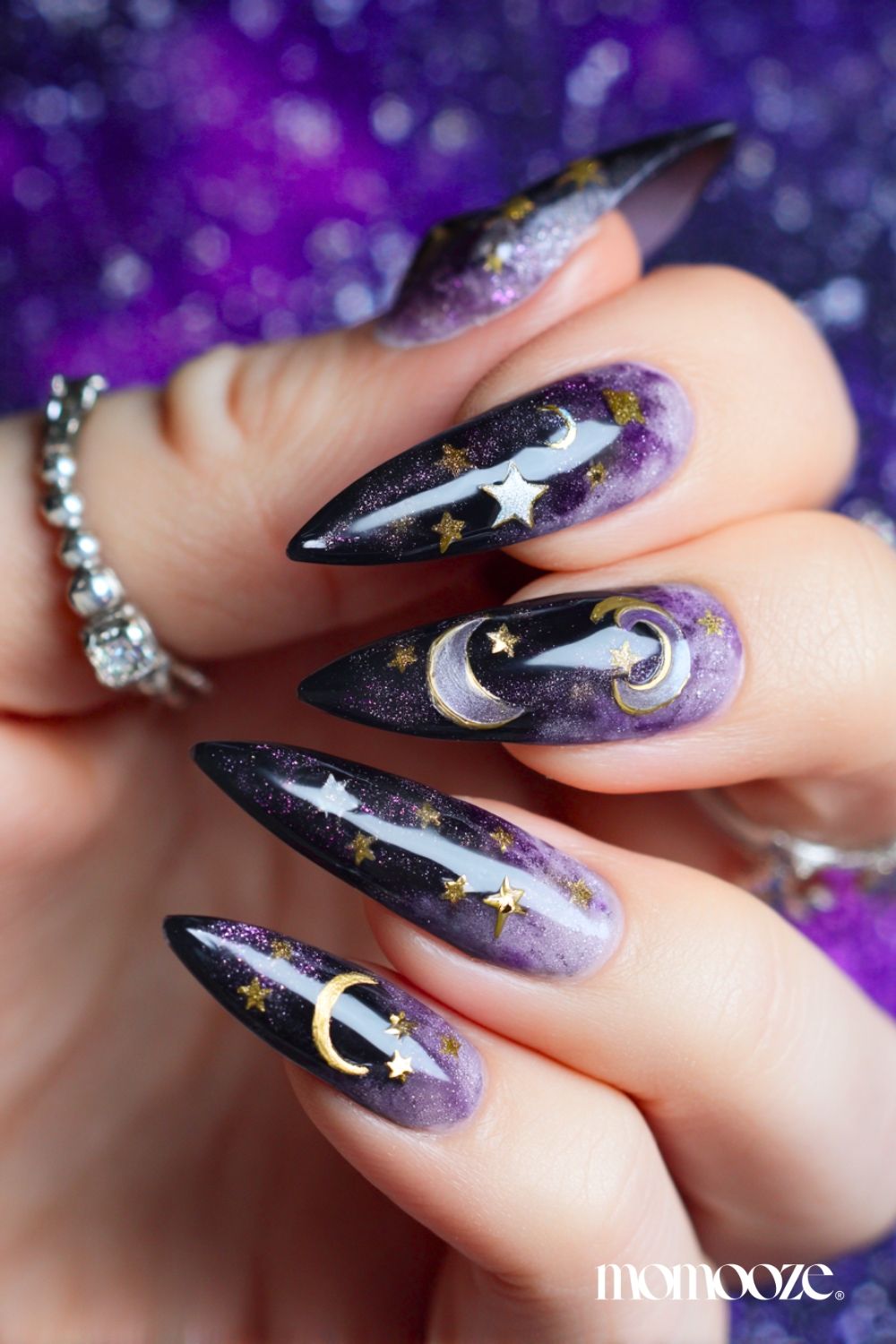 Long Stiletto Dark Shimmer Gold Moons Long Stiletto Dark Shimmer Gold Moons — Galaxy Nails 2027