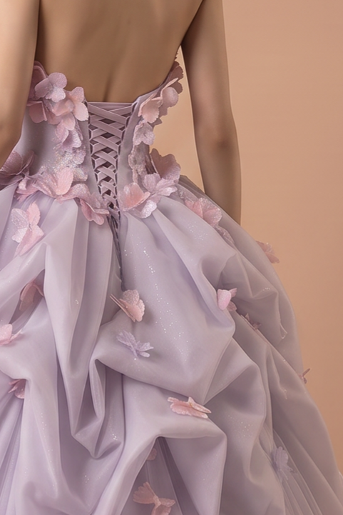 Lavender Tulle Ball Gown with 3D Floral and Butterfly Appliqués — 3D Floral Outfits 2027