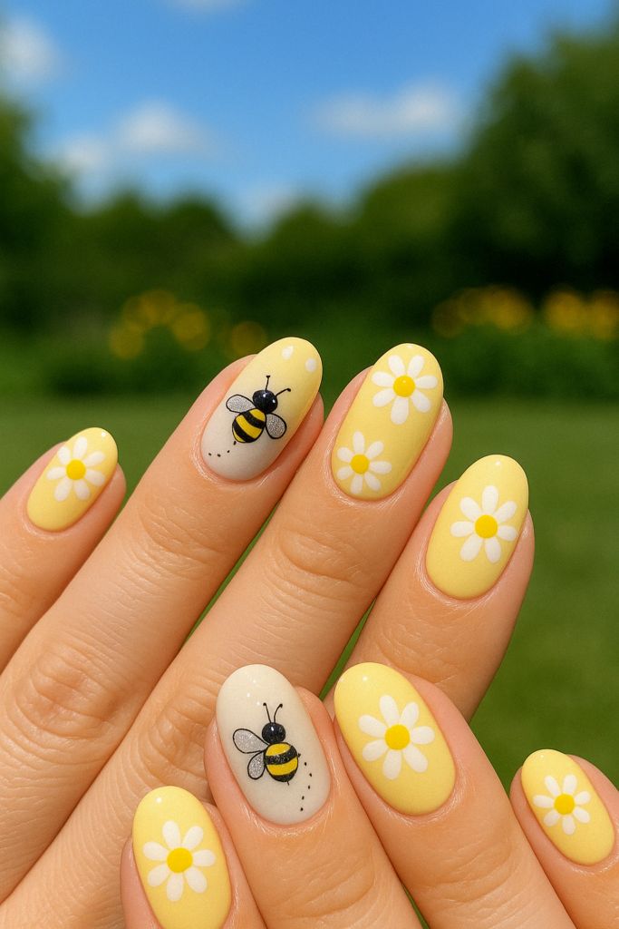 Pale Yellow with Bees and Daisies Pale Yellow with Bees and Daisies — Bee Nails 2027