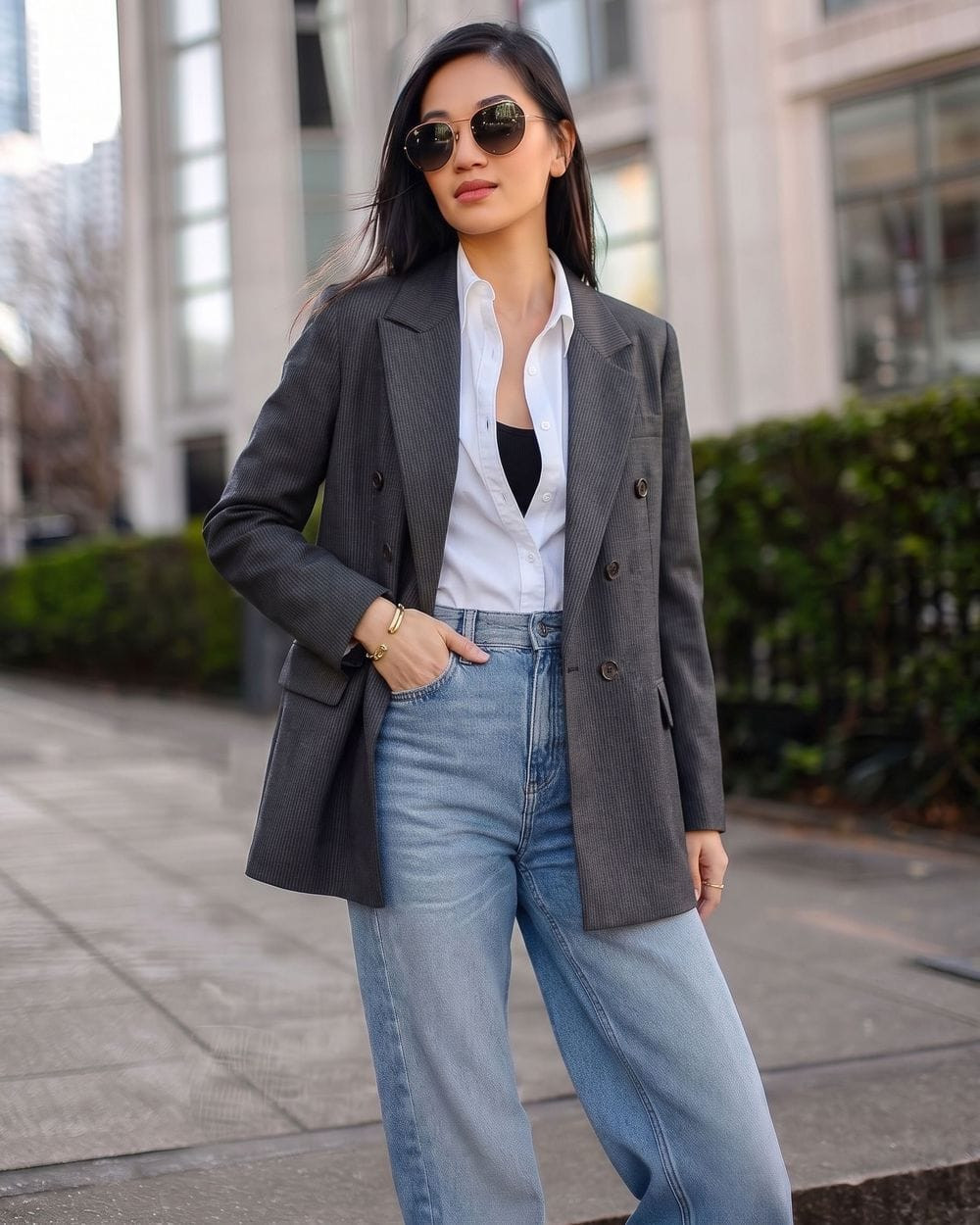 Grey Pinstripe Blazer with White Shirt and Black Tank Over Jeans Grey Pinstripe Blazer with White Shirt and Black Tank Over Jeans — Blouse Outfits 2027 with Blazer