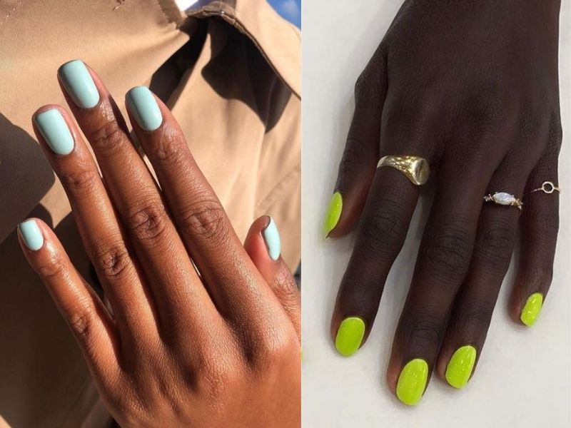 Contrasting Light Blue and Neon Yellow Short Oval Nails Contrasting Light Blue and Neon Yellow Short Oval Nails — Winter Nail Colors 2027 for Dark Skin