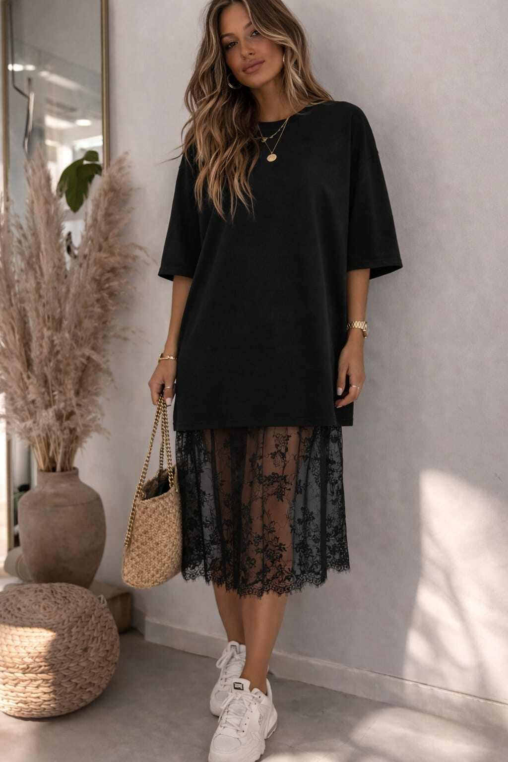 Casual Chic: Sheer Lace Skirt with Oversized T-Shirt and Sneakers — Lace Skirt Outfits 2027
