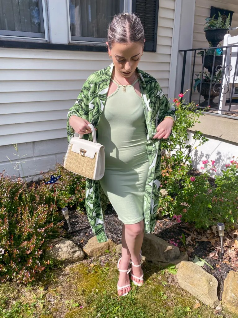 Summer Casual: Sage Green Dress with Printed Kimono — Sage Green Outfits 2027