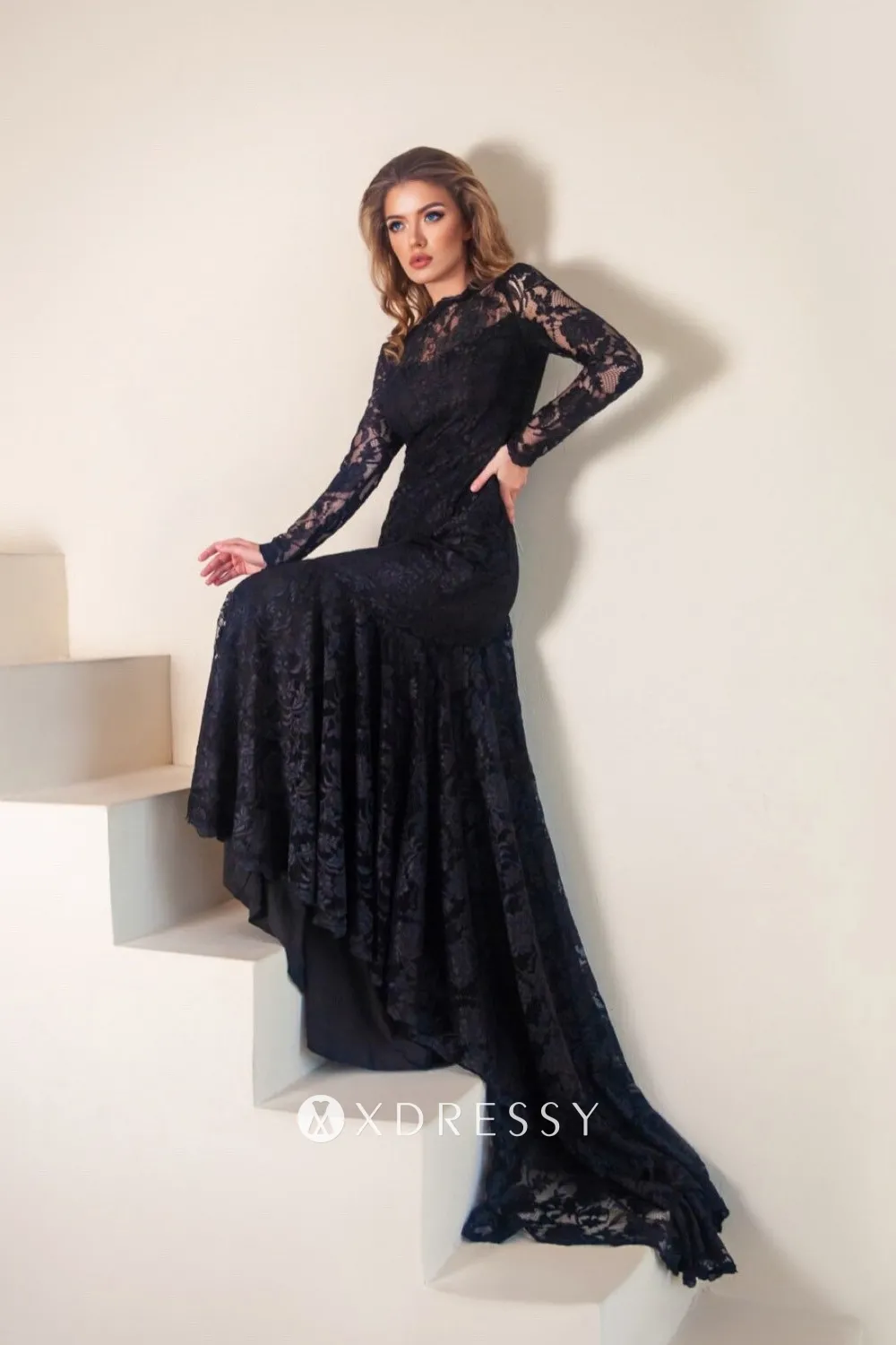 Long Sleeve Lace Dress with Flared Skirt and Train Long Sleeve Lace Dress with Flared Skirt and Train — Black Tie Dresses 2027