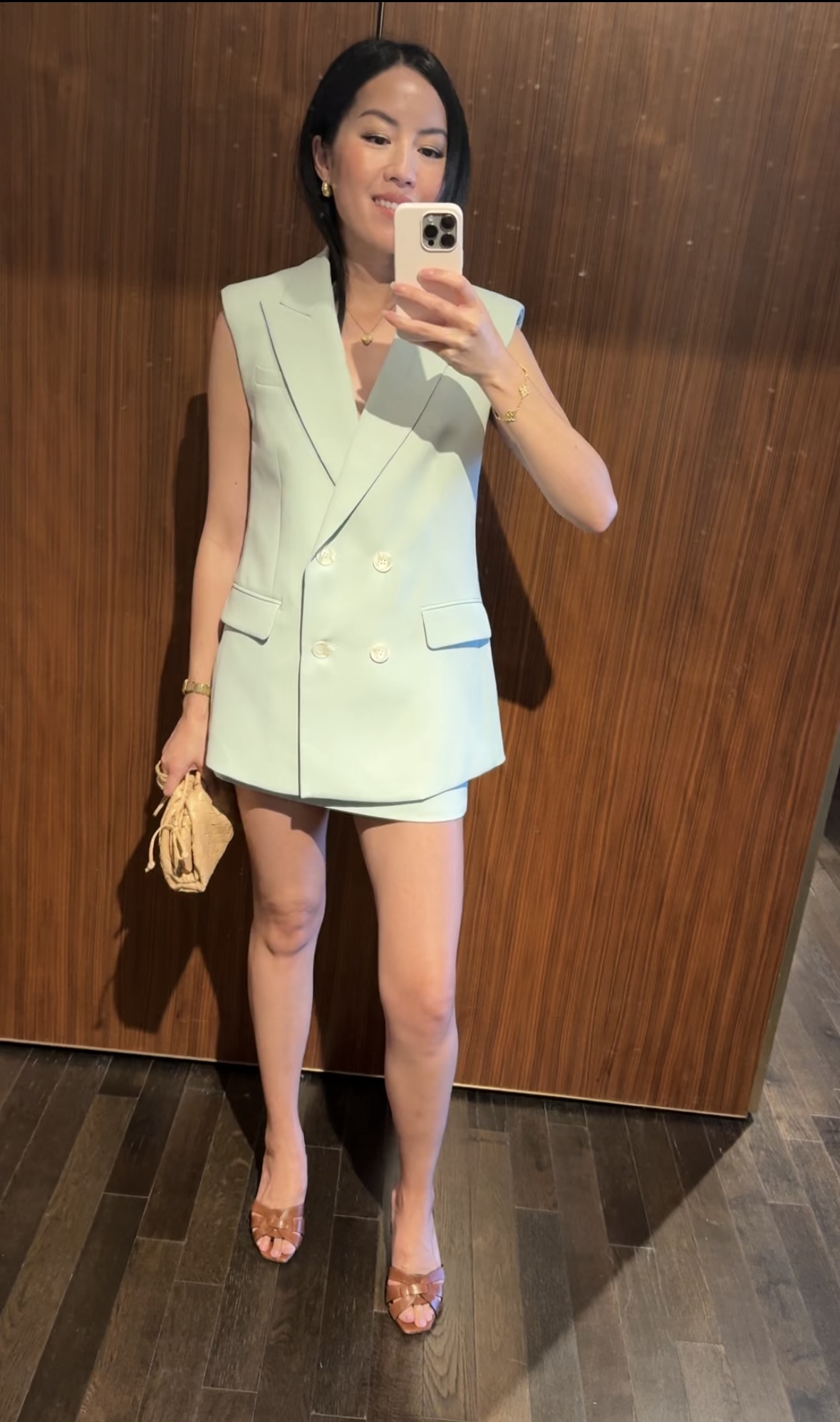 Business Casual Chic: Sleeveless Blazer and Mini Shorts — Dallas Outfits 2027